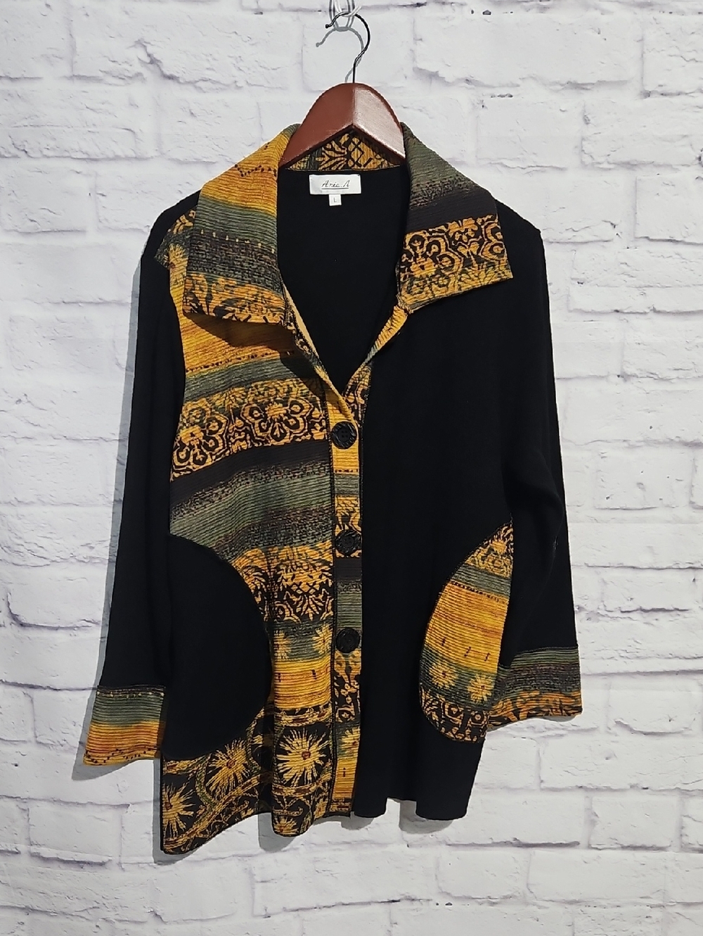 Vintage Black Cardigan with Gold and Olive Patterned Trim